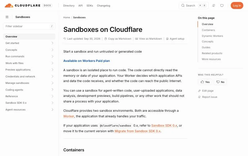 Cloudflare Sandboxes official page at developers.cloudflare.com/sandbox