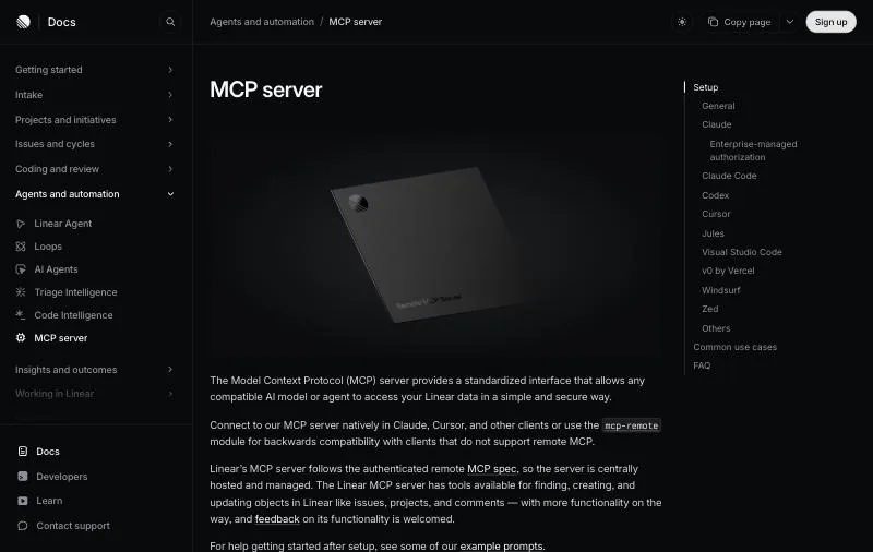 Linear MCP server official page at linear.app/docs/mcp