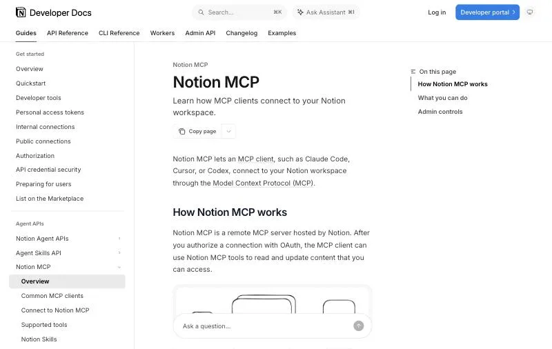 Notion MCP official page at developers.notion.com