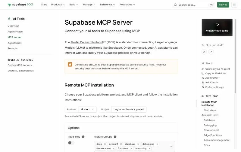 Supabase MCP server official page at supabase.com/docs