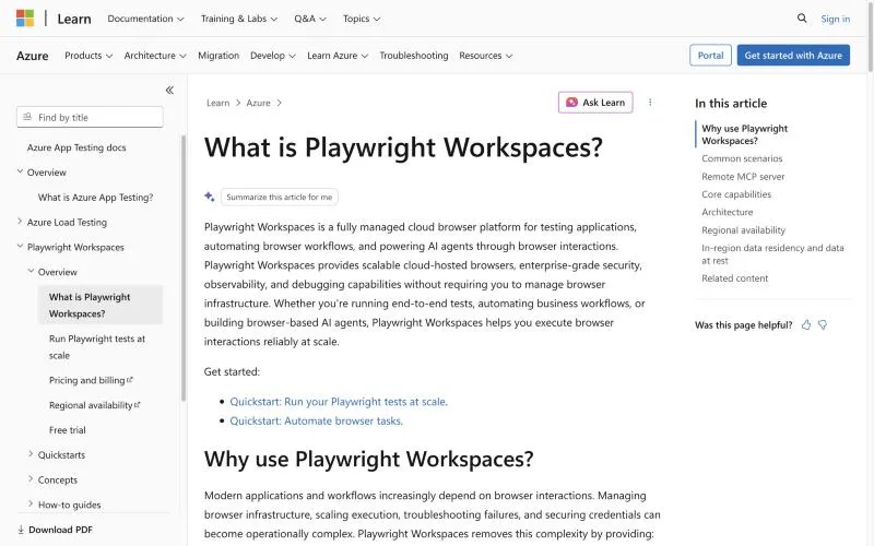Azure Playwright Workspaces official page at learn.microsoft.com
