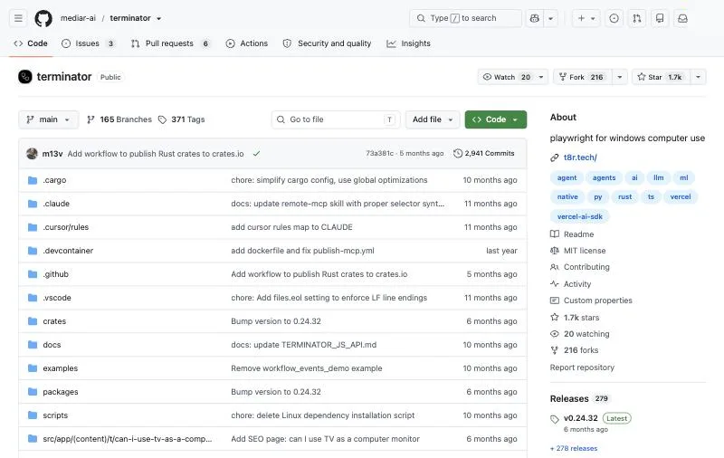 Terminator official page at github.com/mediar-ai/terminator