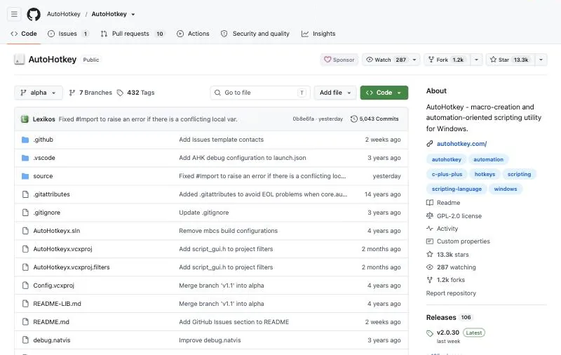 AutoHotkey official page at github.com/AutoHotkey/AutoHotkey