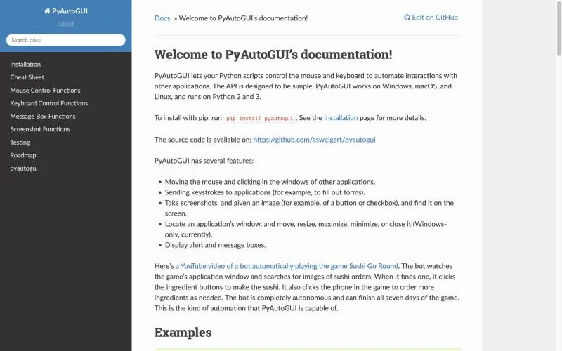 PyAutoGUI official page at pyautogui.readthedocs.io