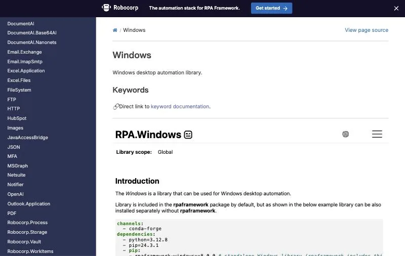 RPA Framework Windows library official page at rpaframework.org