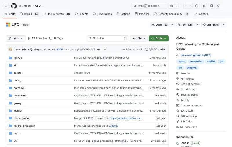 Microsoft UFO official page at github.com/microsoft/UFO