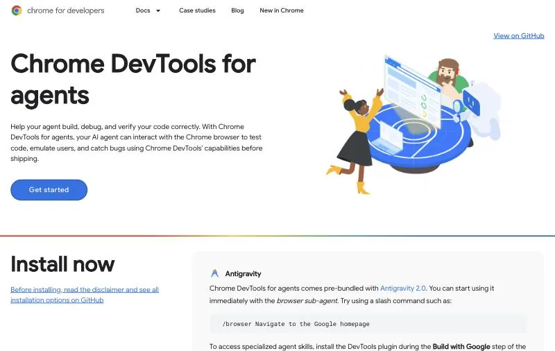 Chrome DevTools for agents official page at developer.chrome.com/docs/devtools/agents