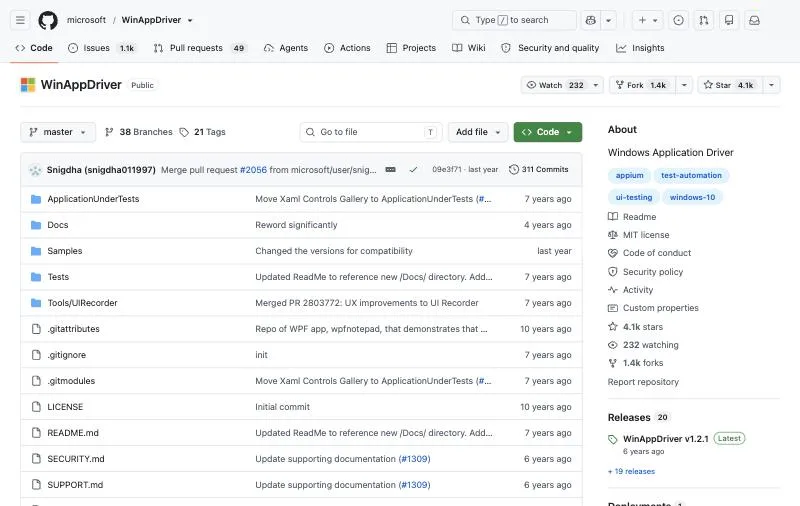 WinAppDriver official page at github.com/microsoft/WinAppDriver