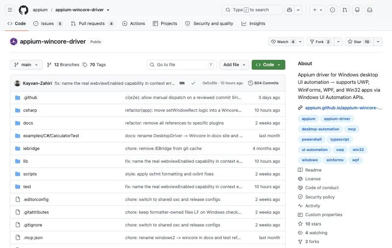 Appium WinCore Driver official page at github.com/appium/appium-wincore-driver