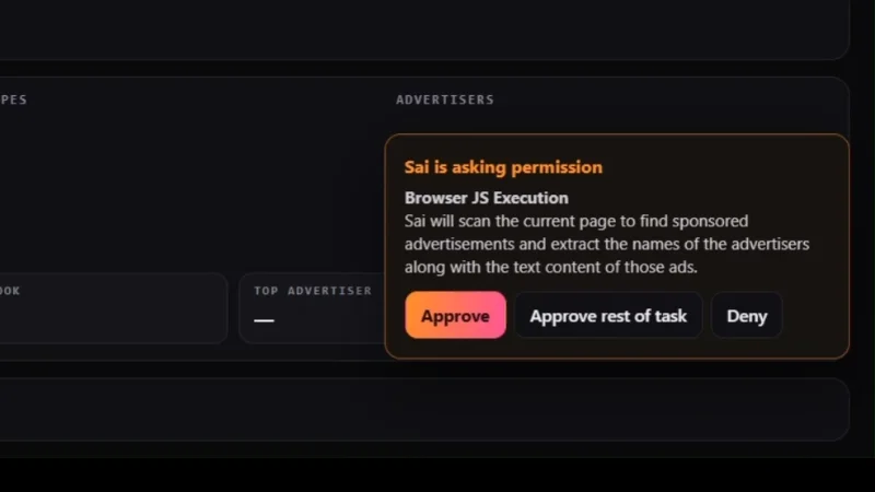 Sai is asking permission: Browser JS Execution, to scan the page for sponsored ads and extract the advertiser names and ad text, with Approve, Approve rest of task and Deny