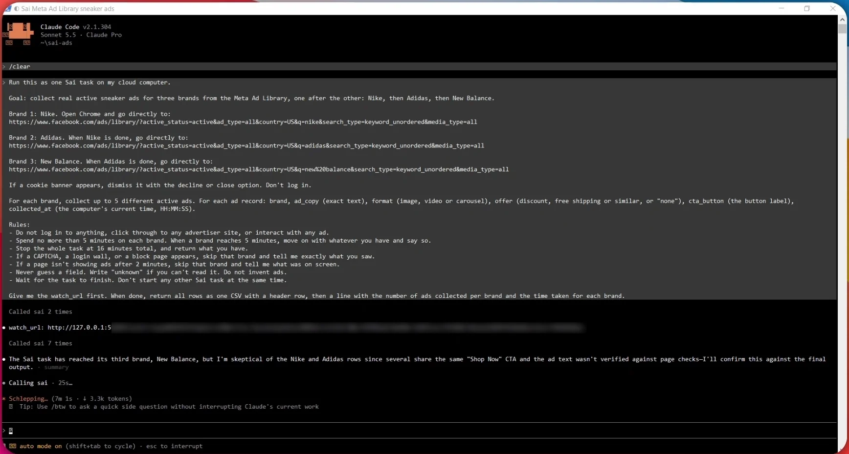Claude Code with the collection prompt, the watch_url for the task and a progress update as Sai reaches the third brand